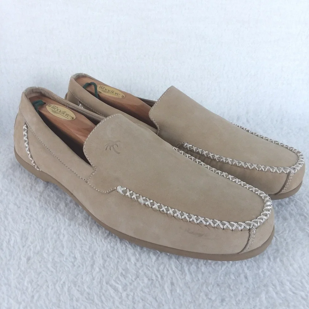 Margaritaville Venice Mens 10 Loafer Shoes Tan Suede Palm Tree Logo Boat Coastal